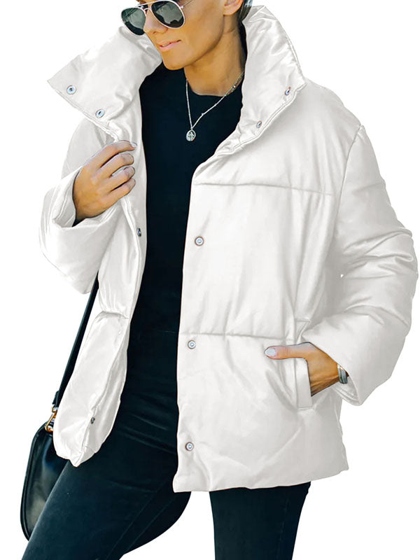 Women Winter Long Sleeve Zipper Puffer Jacket Classic Button Down Coats