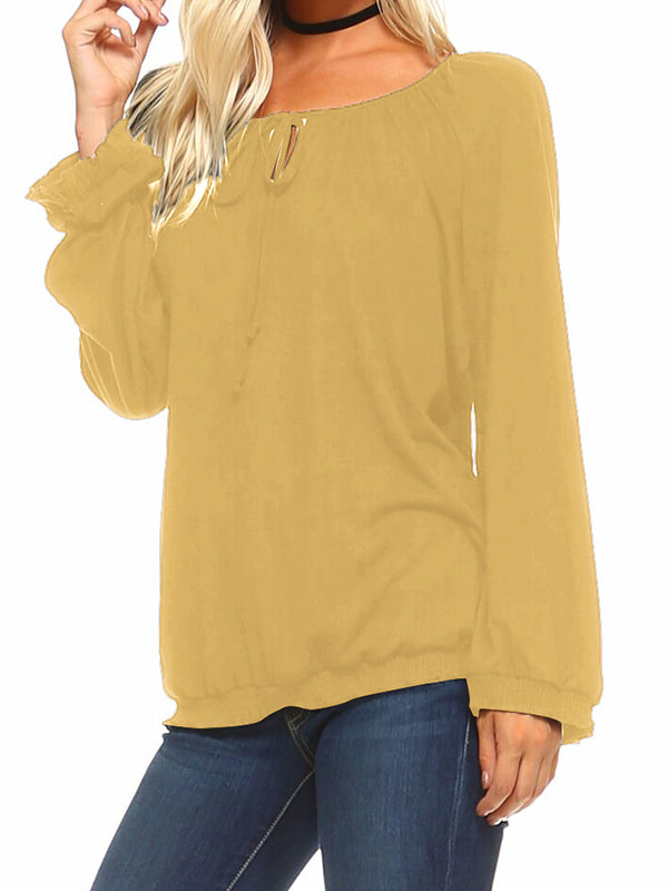 Women Long Ruffle Bubble Sleeve T-Shirts Crewneck Loose Tops Tunic Blouse