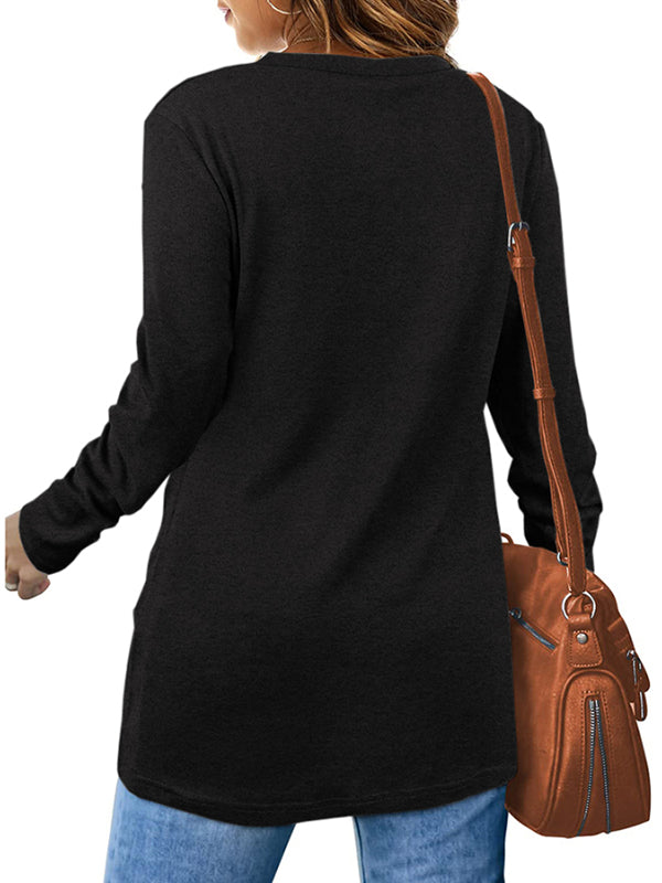 Women Long Sleeve Shirts Crewneck Pullover Solid Color Casual Tunic Tops