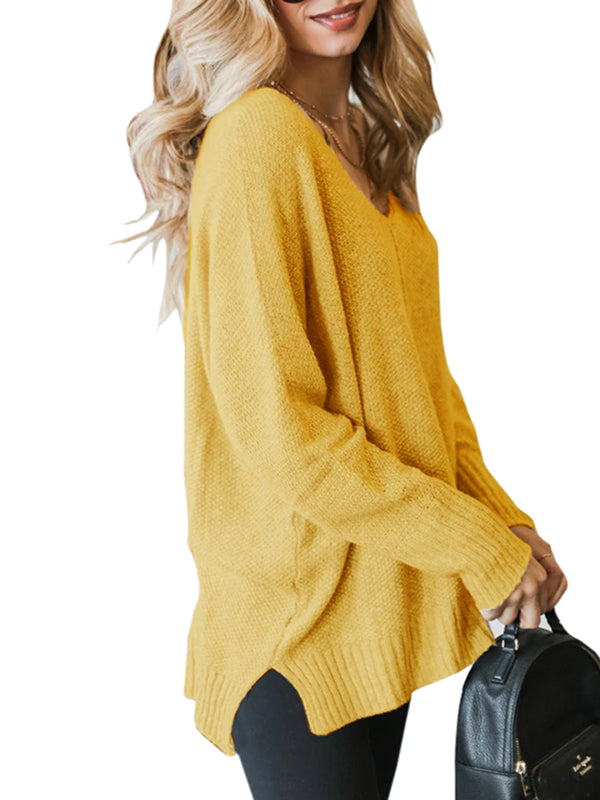 Women Long Sleeve V Neck Pullover Knitted Loose Sweaters