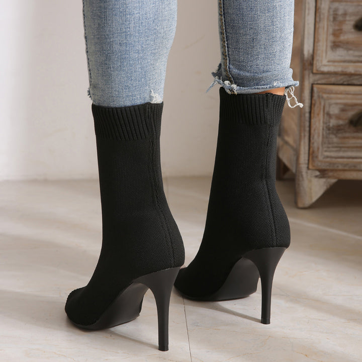 Black Peep Toe Stiletto High Heel Sandals Stretch Knit Sock Booties