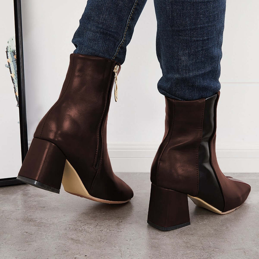 Square Toe Chunky Block Heel Ankle Boots Tow Tone Booties