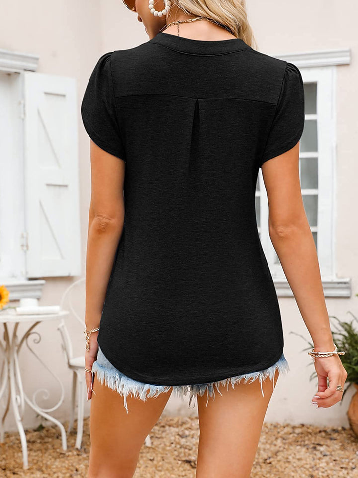 Womens Summer Tops V Neck Dressy Casual Petal Short Sleeve Shirts Loose Fit Basic T-Shirts