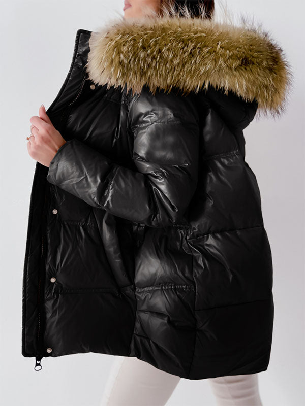 Womens Puffer Jacket Winter Warm Coats Padded Hood Coat with Faux Fur Collar