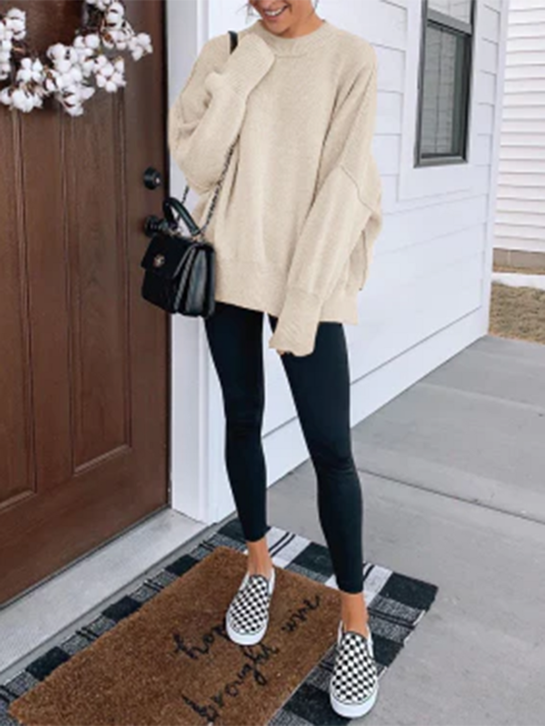 Womens Oversized Tunic Sweaters Fall Slouchy Long Sleeve Ribbed Knit Crewneck Long Sleeve Side Slit Pullover Jumper
