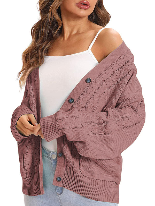 Women Knitted Pattern Long Sleeve Sweater Open Front Cardigan Button Loose Jacket