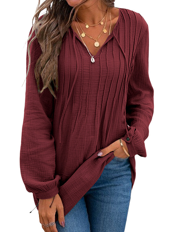 Women V-Neck Long Sleeve Blouse Shirt Solid Casual Pleated Linen Drawstring Loose Tops