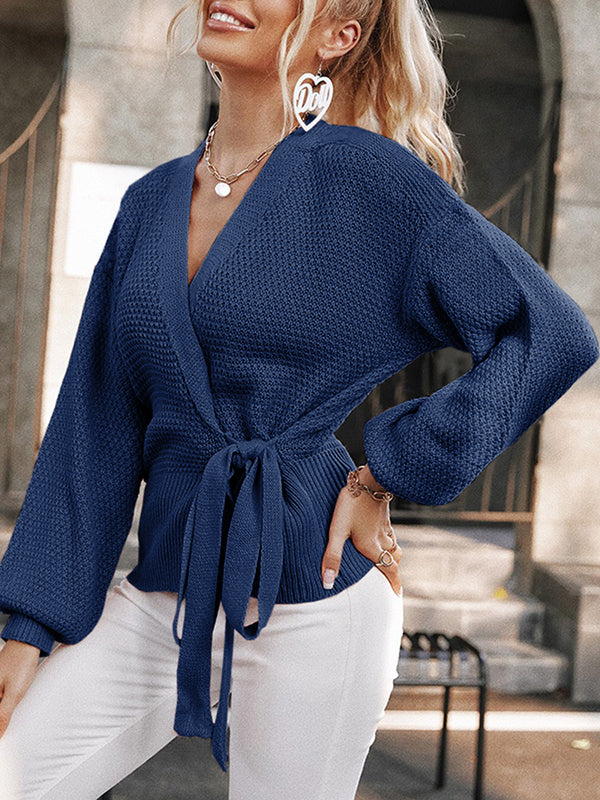 Women V Neck Wrap Sweaters Side Tie Long Sleeve Ribbed Pullover Knit Tunics Tops