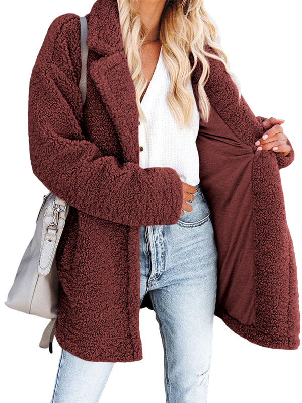Women Lapel Collar Fuzzy Fleece Coat Solid Open Front Warm Fur Jacket Outerwear