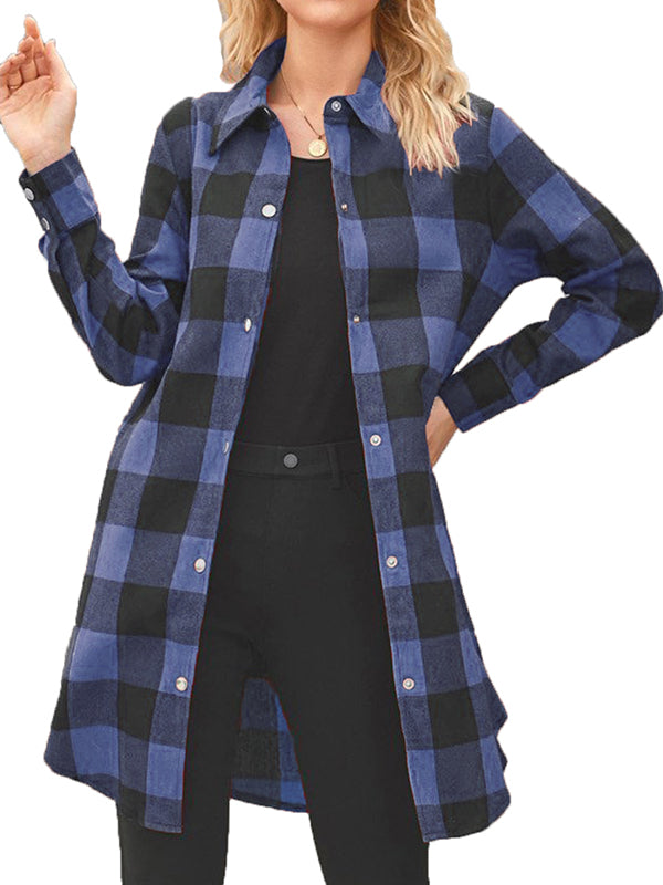 Women's Button Down Plaid Long Sleeve Collared Spring Long Jacket Tops