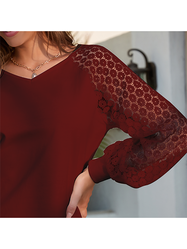 Long Sleeve Lace V Neck Loose Pullover Hollow-Out Blouses