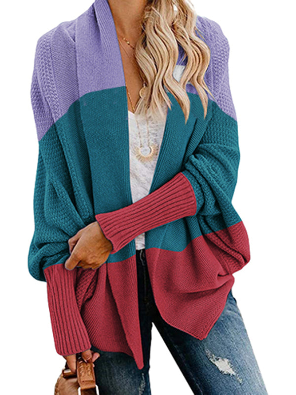 Women Long Sleeve Casual Striped Cardigan Color Block Knit Open Front Sweater Coat