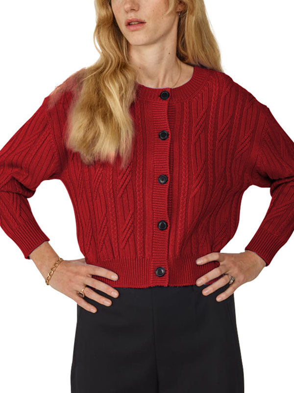 Women Crewneck Cropped Cardigan Sweater Long Sleeve Cable Knit Sweater