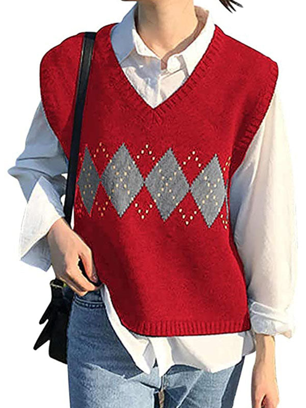 Women V Neck Knit Sweater Vest Argyle Plaid Preppy Style Sleeveless Crop Knitwear Tank