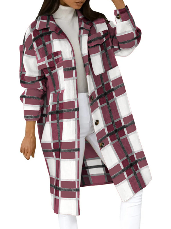 Women's Flannel Plaid Jacket Button Down Chest Pocketed Shirts Coats Shacket