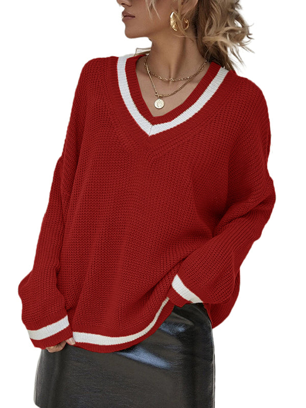 Women V Line Neck Sweaters Long Sleeve Casual Knit Pullover Jumper Tops