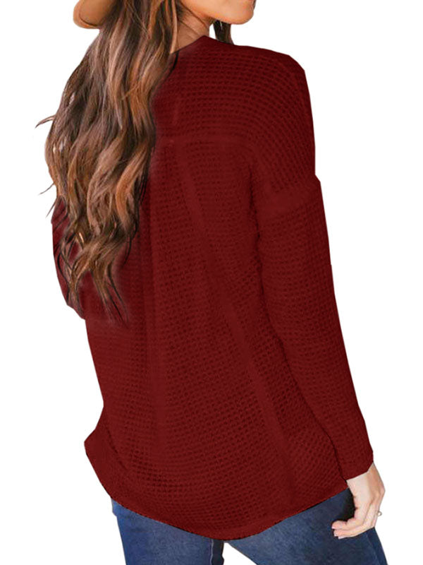 Women Waffle Knit V Neck Tunic Solid Color Tops Long Sleeve Button Shirts