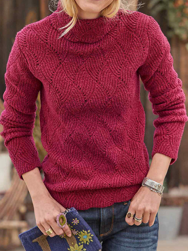 Turtleneck Knit Pullover Sweater Long Sleeve Hollow Out Solid Jumper Tops