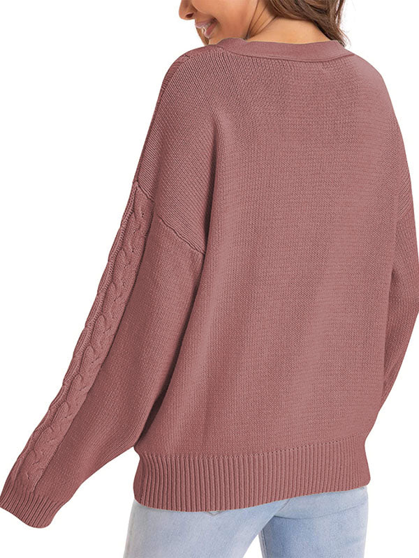 Women Knitted Pattern Long Sleeve Sweater Open Front Cardigan Button Loose Jacket