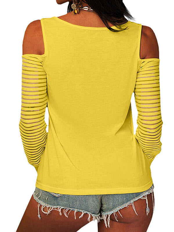 Womens Long Sleeve Mesh Srtipe Blouse Cold Shoulder Scoop Neck Zipper T-Shirt