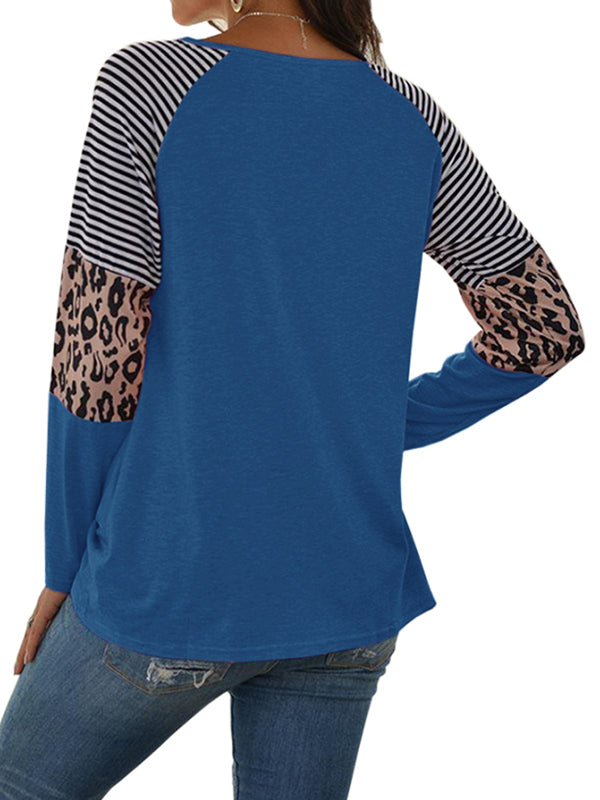Womens Long Sleeve Crewneck Sweatshirt Leopard Splicing Loose Pullover Tops