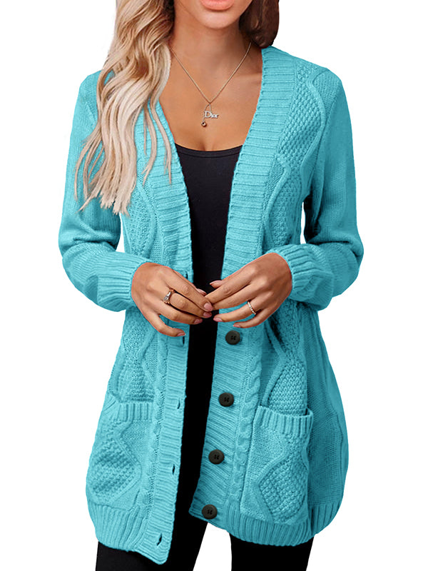 Women Long Sleeve Cable Knit Sweater Button Open Front Cardigans Coat