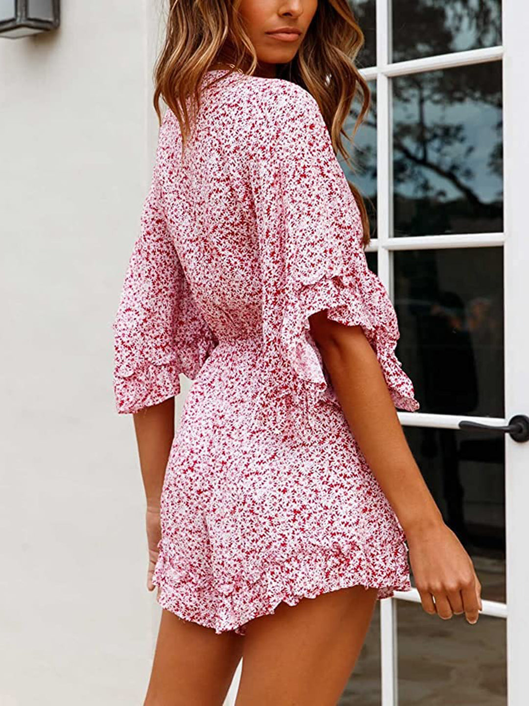 Womens Rompers Baggy Sleeve Jumpsuits Floral Print V Neck Elastic Waist Tie Front Playsuit Ruffle Short Dresses