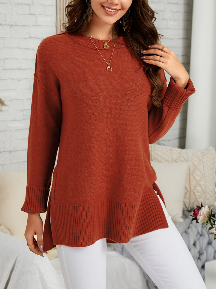 Womens Oversized Fall Sweaters Soft Knit Crew Neck Side Split Long Sleeve Slouchy Pullover Jumper