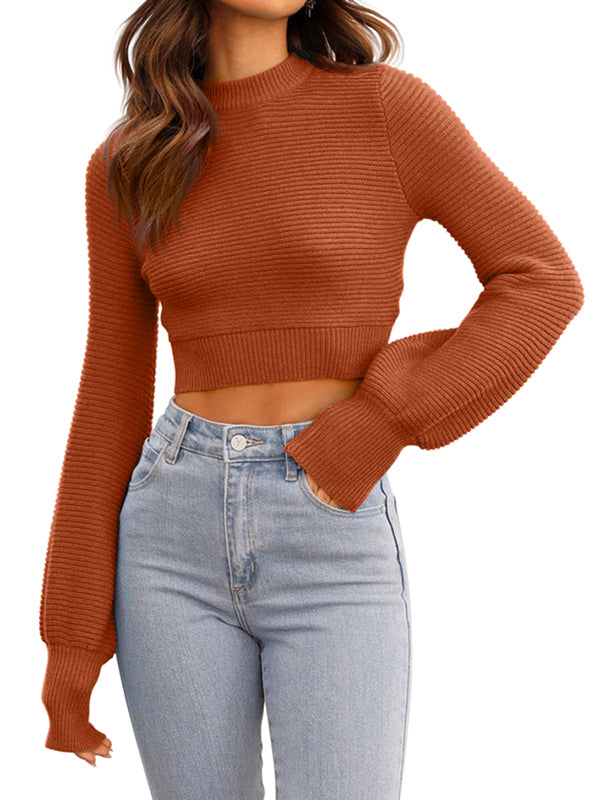 Long Sleeve Crop Top Sweater Mock Neck Knit Soft Plain Short Sweaters