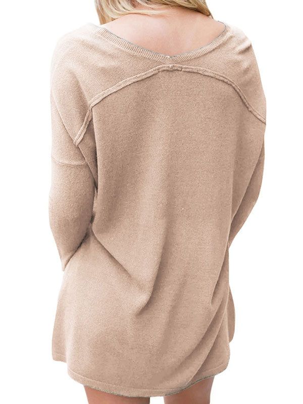 Women Long Sleeve V Neck Knit Sweater Solid Color Pullover Jumper Tops