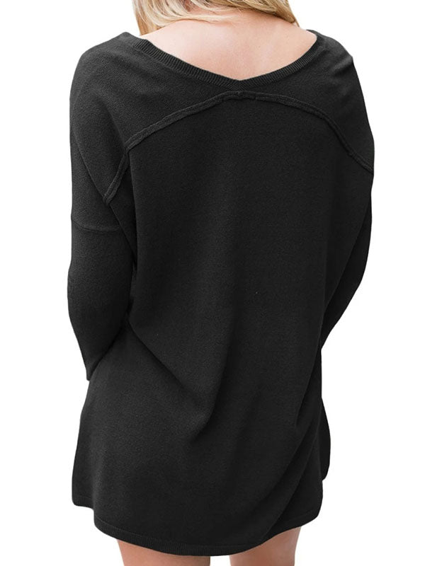 Women Long Sleeve V Neck Knit Sweater Solid Color Pullover Jumper Tops