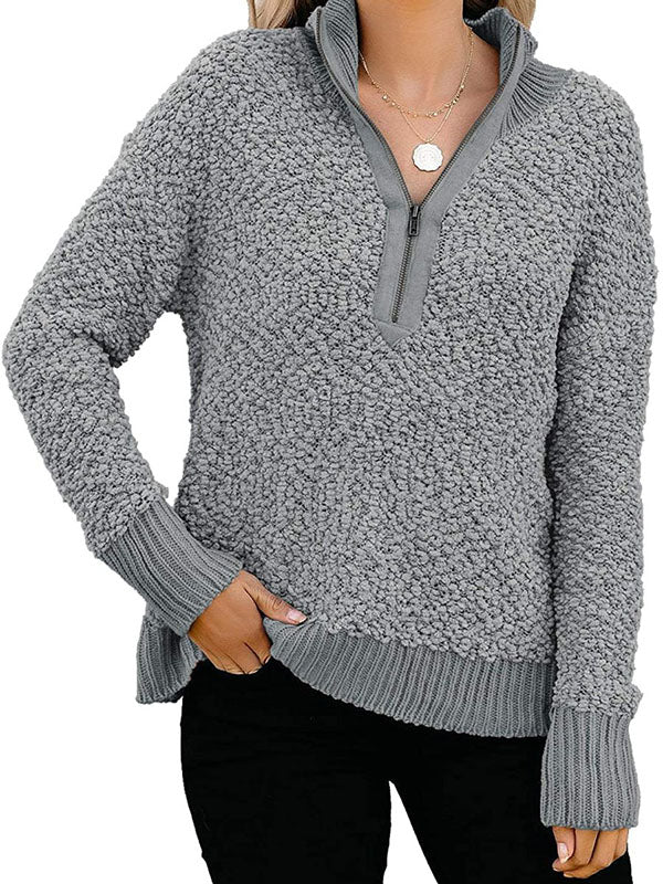 Women Fleece Jackets Knitted Hoodies Long Sleeve Stand Collar Pullover Tunic Tops