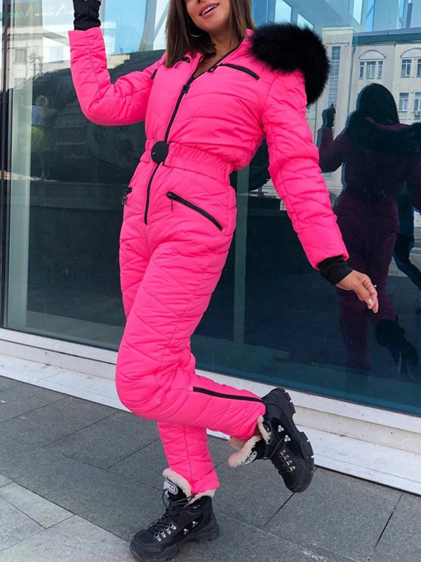 Women Onesies Ski Suits Winter Sports Jumpsuit Fur Collar Coat Hooded Snowsuit
