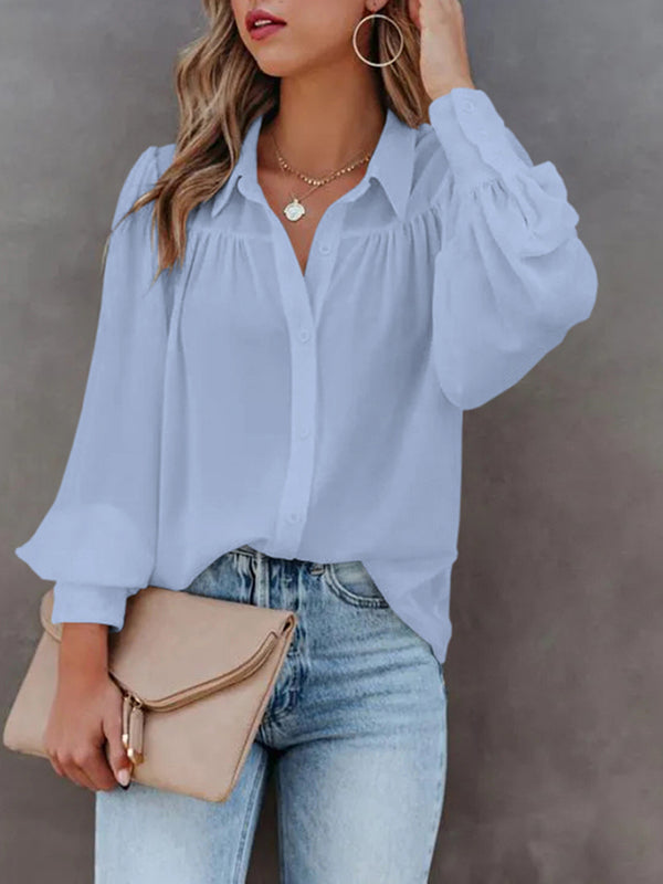 Women Long Sleeve Casual Work Blouses Button Down Shirts V Neck Loose Office Tops