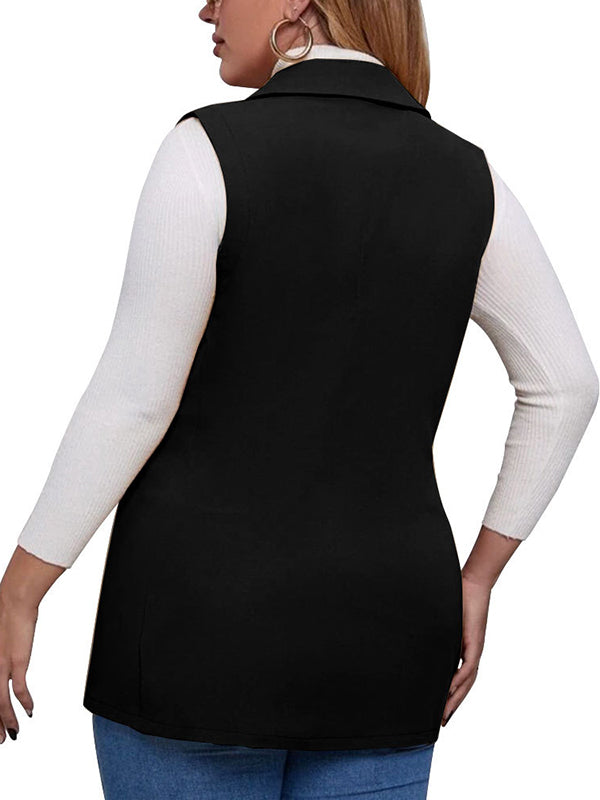 Women Plus Size Lapel Outerwear Vest Long Sleeveless Casual Office Blazer Jacket