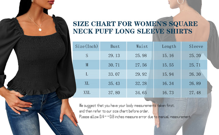 Women's Puff Long Sleeve Shirts Square Neck Tops For Women Ruffled Shoulder Hem Smocked Blouses