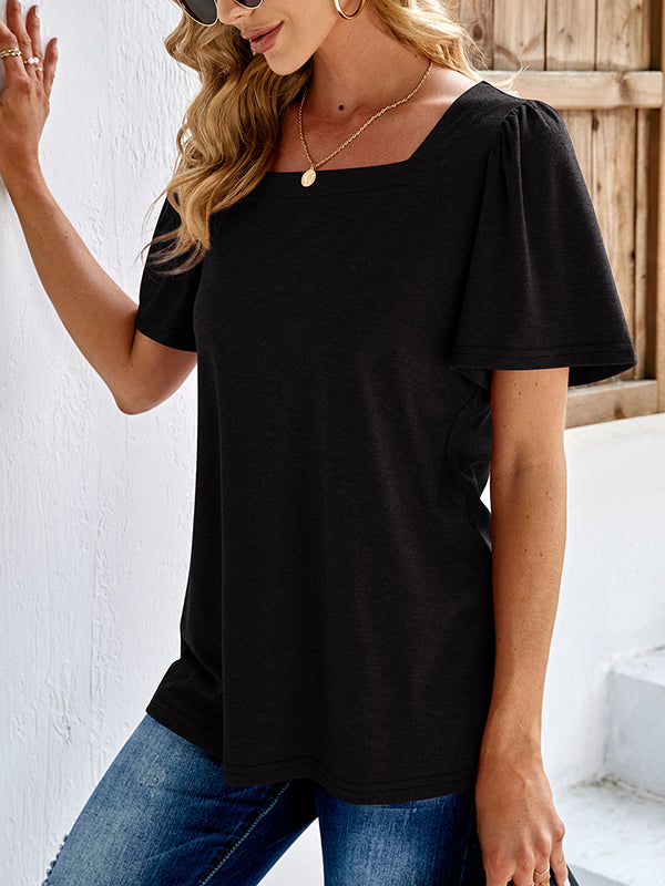 Women Square Neck Puff Short Sleeve Tunic Top Basic Blouse Loose Fit T-Shirts