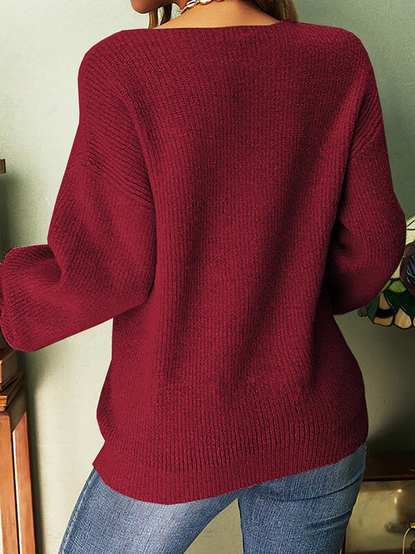 Womens V Neck Pullover Solid Color Loose Casual Knit Sweaters