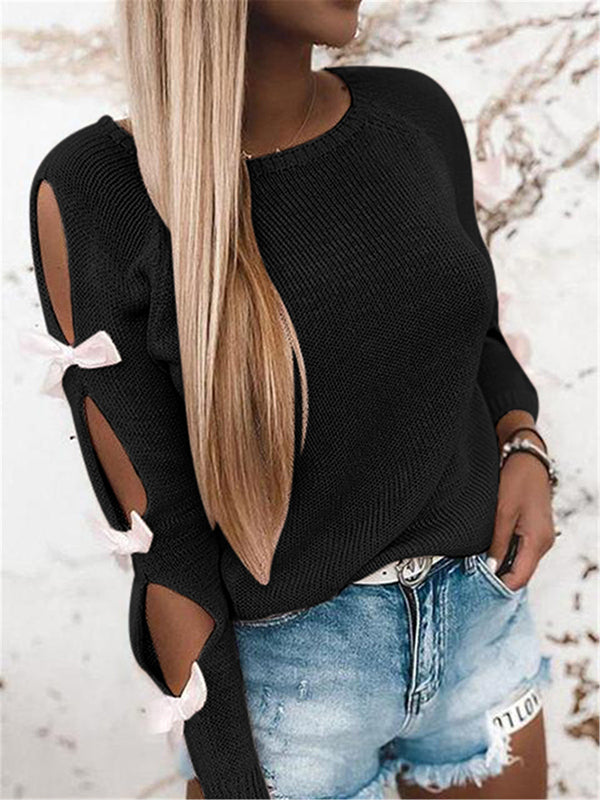 Women's Hollow Long Sleeve Tie Knot Cuff Solid Sweater Tops