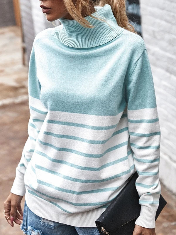 Women Turtleneck Stripe Long Sleeve Loose Sweaters Knit Pullover Tops