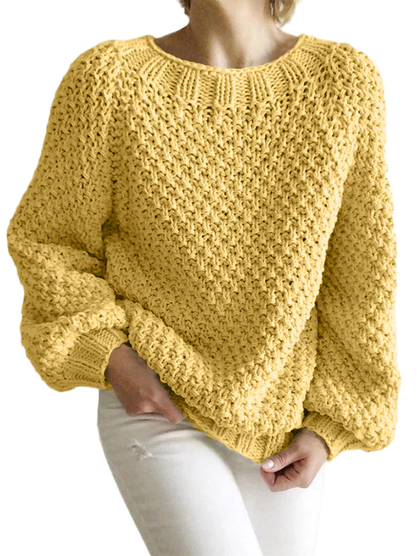 Women Long Lantern Sleeve Knit Sweater Crewneck Loose Pullover Jumper Tops