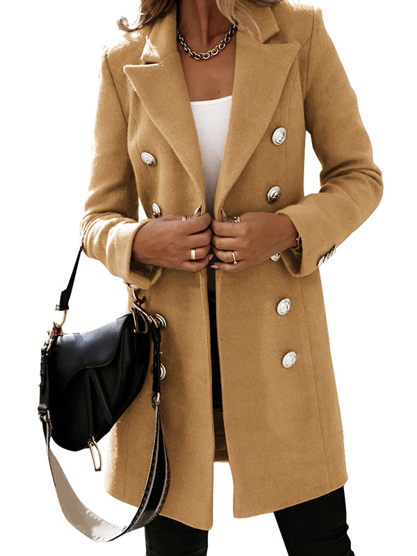 Women Double Breasted Pea Coat Long Lapel Wool Blend Trench Jacket Overcoat Outwear