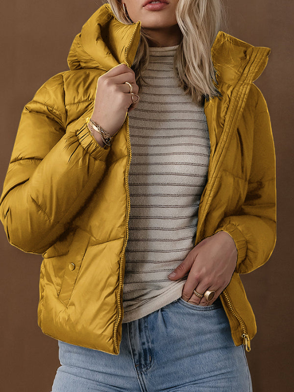 Women Cropped Hooded Zip Up Padding Jackets Windproof Short Outerwear Coats