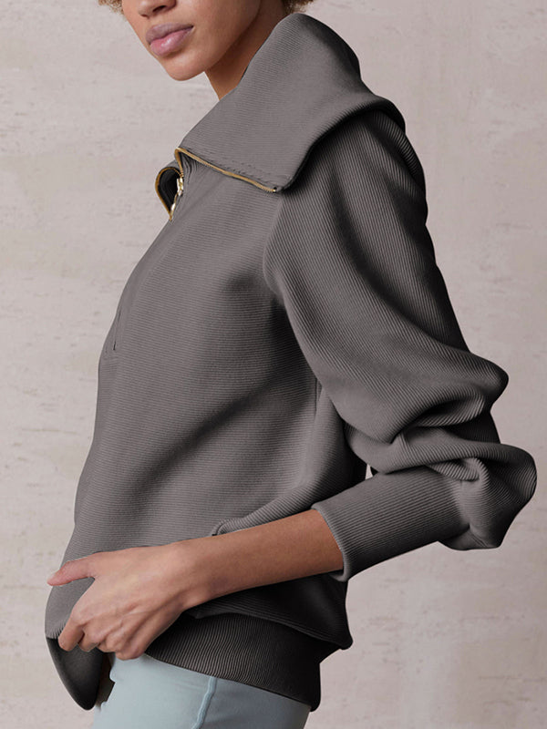 Women Casual Half Zip Pullover Sweatshirts Lapel Collar Solid Long Sleeve Tops