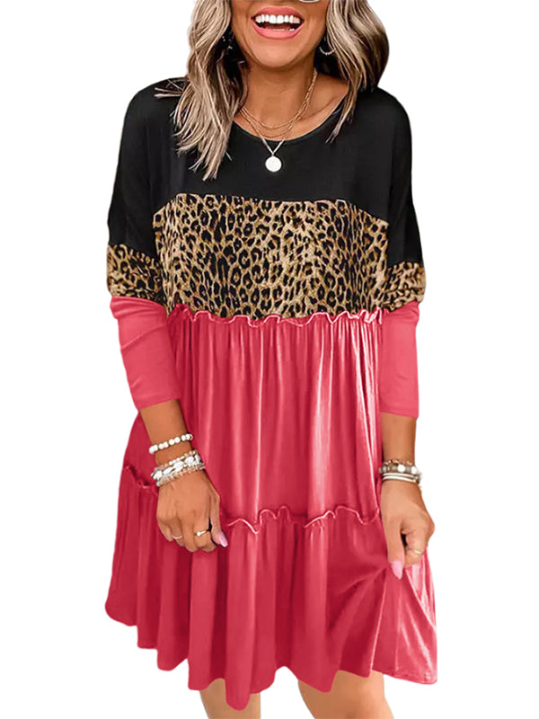 Women Casual Crewneck Dress Leopard Printing Long Sleeve Loose Ruffled Midi Dress