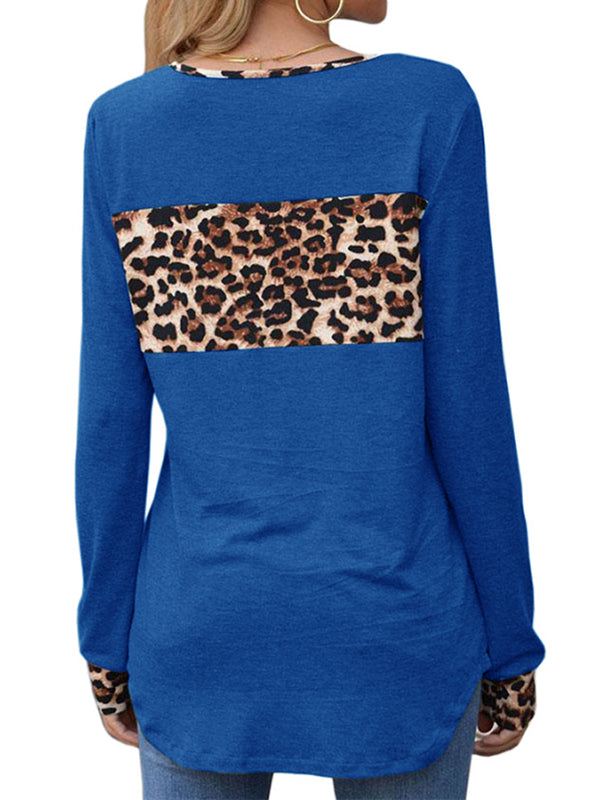 Women Leopard Long Sleeve Sequin Color Block Tunic Crewneck T Shirt Tops