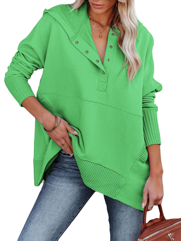 Women Casual Button V Neck Hoodies Oversized Pullover Sweatshirt Hooded Tops