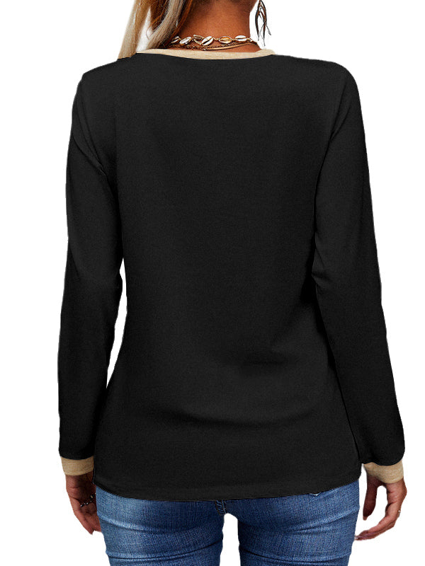 Women Long Sleeve Slim Fit T-Shirts V Neck Knit Ribbed Henley Shirt Tops