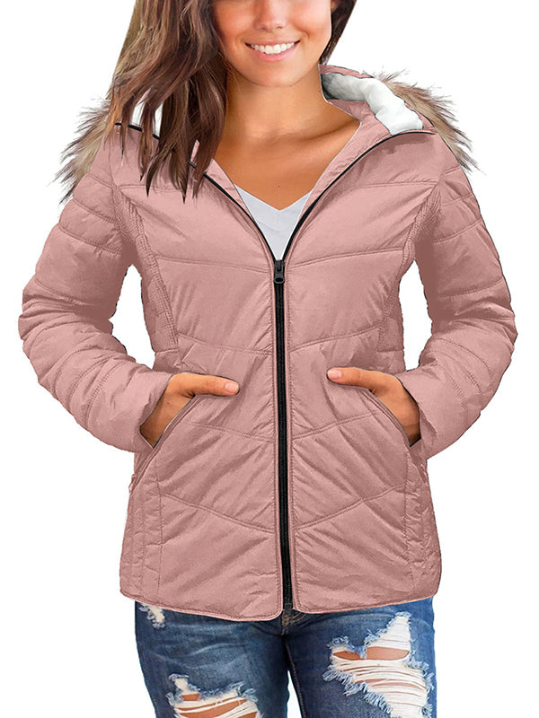 Women's Puffer Quilted Jacket With Pocket Faux Wool Hoodie Winter Outerwear Coats