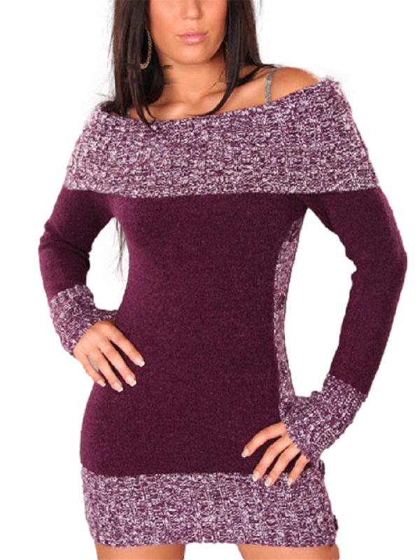 Women Off Shoulder Knitted Mini Dress Long Sleeve Bodycon Ribbed Knit Sweater Dress